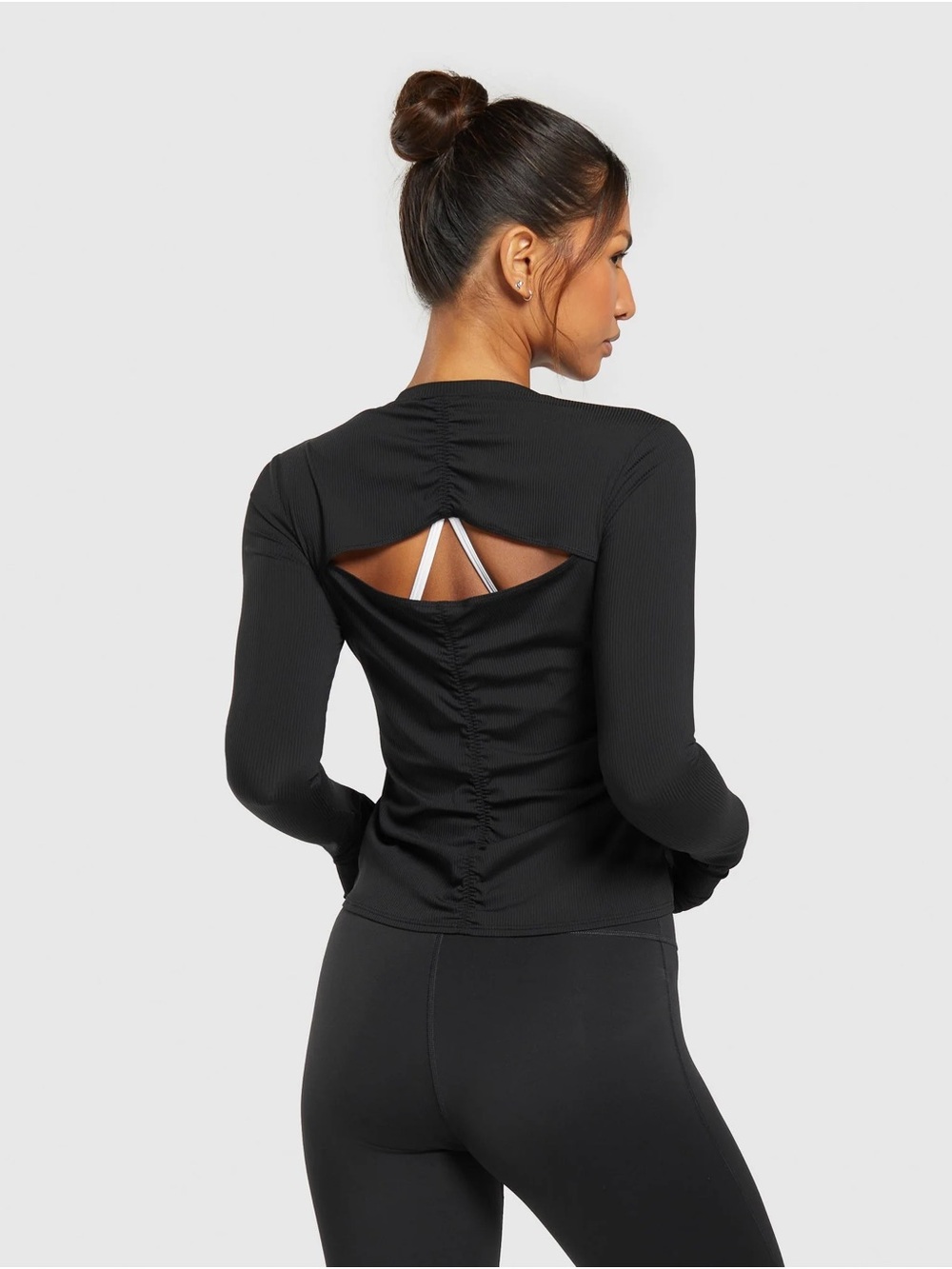 Gymshark Black Long-Sleeve Ribbed Ruched Athletic Top Woman’s Size Small